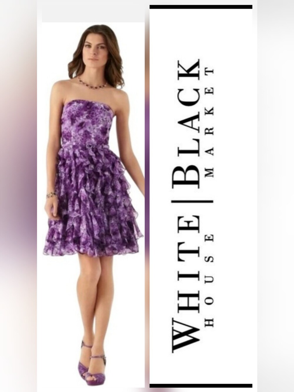 WHITE HOUSE BLACK MARKET Strapless Purple Ruffle Cocktail Dress